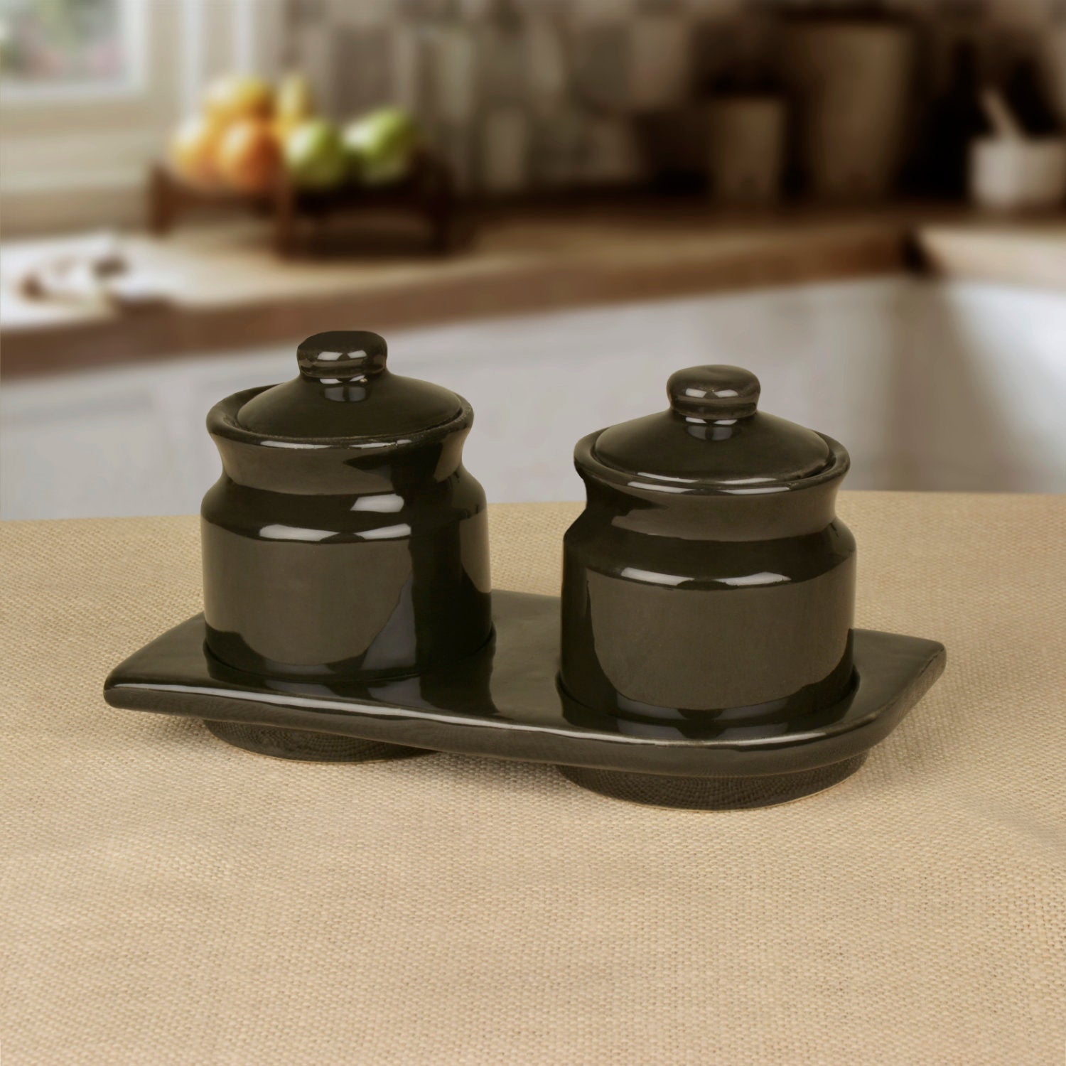 Hand Glazed Ceramic Pickle Serving Jar Set with Tray (Set of 2, Black , 200 ml each)