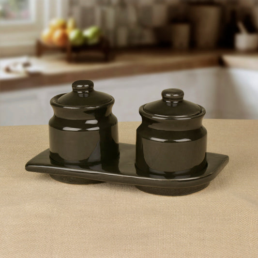 Hand Glazed Ceramic Pickle Serving Jar Set with Tray (Set of 2, Black , 200 ml each)