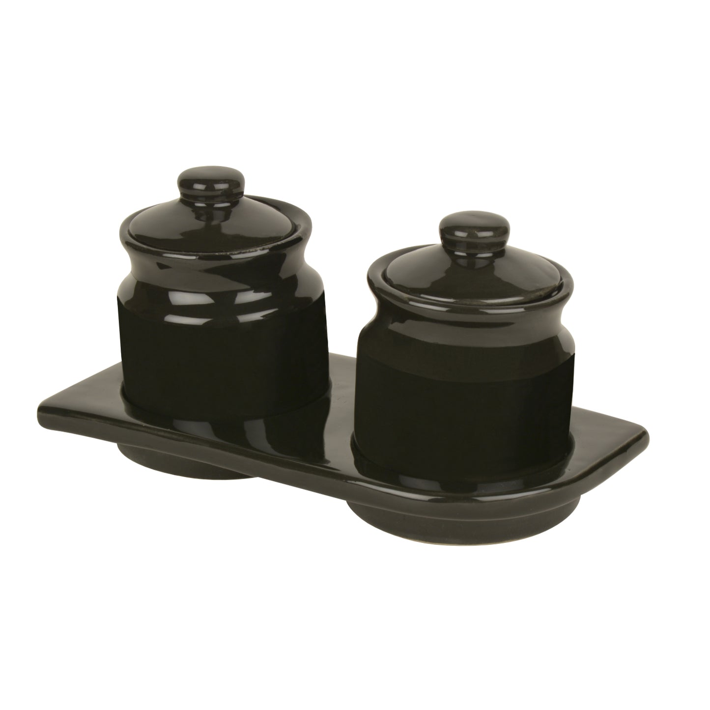 Hand Glazed Ceramic Pickle Serving Jar Set with Tray (Set of 2, Black , 200 ml each) - View 3