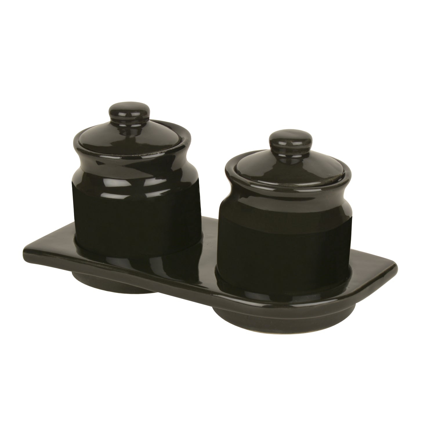 Hand Glazed Ceramic Pickle Serving Jar Set with Tray (Set of 2, Black , 200 ml each) - View 3