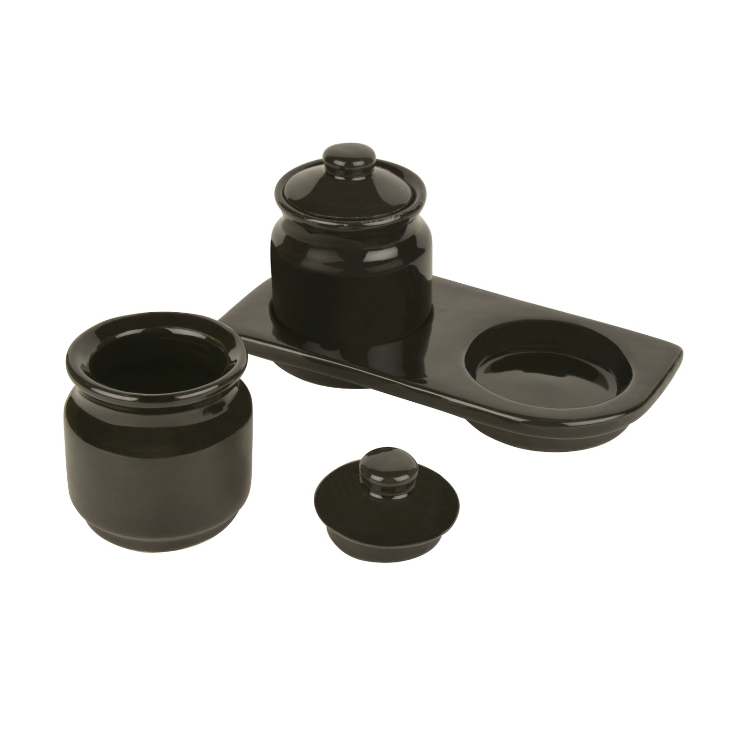 Hand Glazed Ceramic Pickle Serving Jar Set with Tray (Set of 2, Black , 200 ml each) - View 4