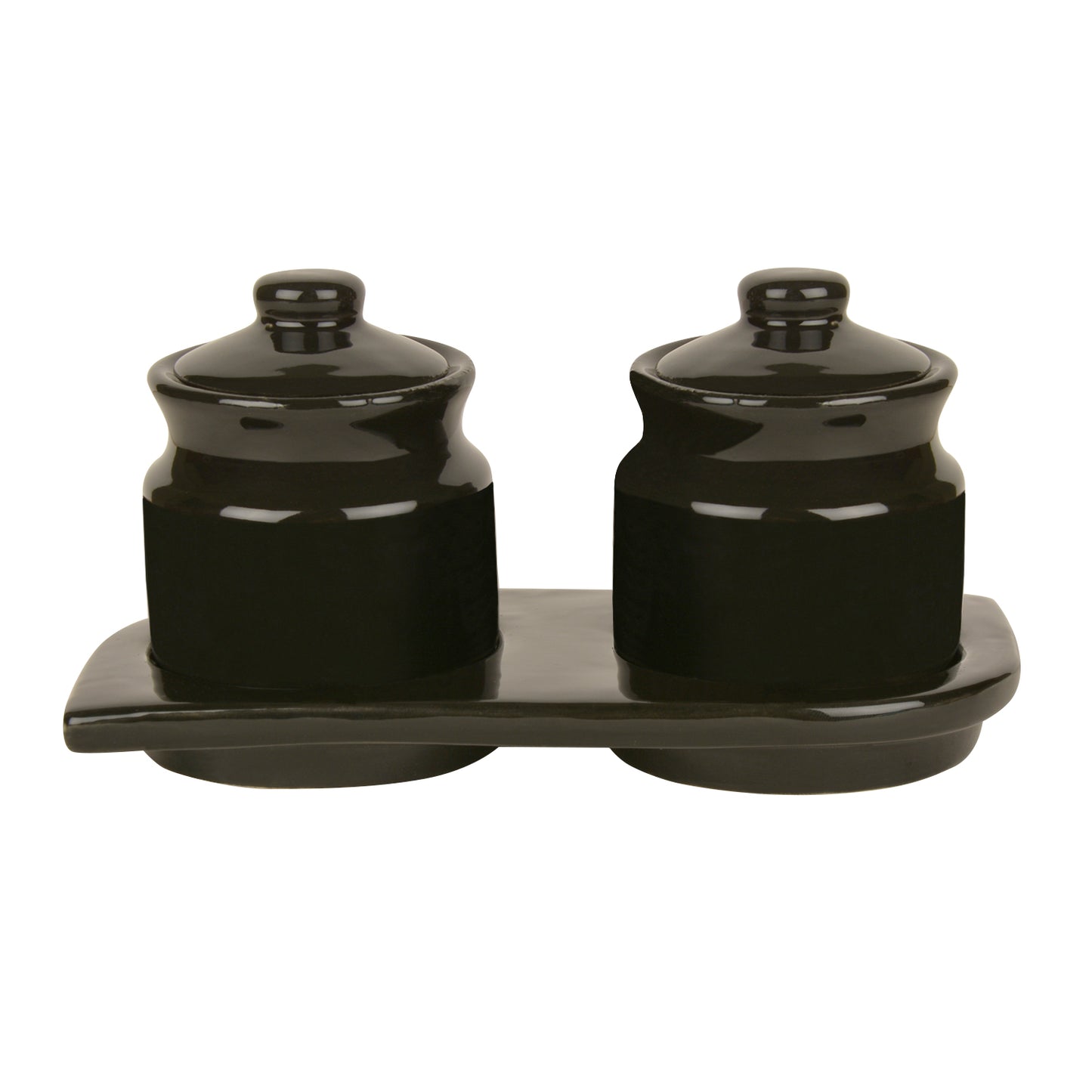 Hand Glazed Ceramic Pickle Serving Jar Set with Tray (Set of 2, Black , 200 ml each) - View 5