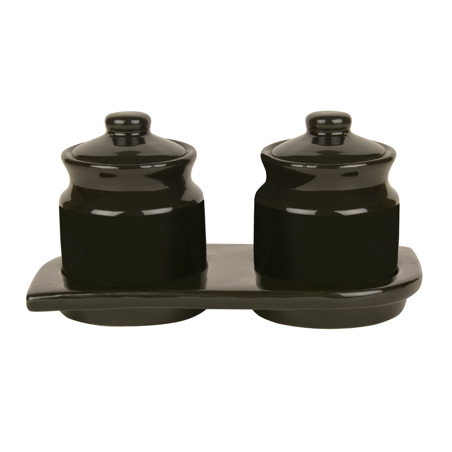 Hand Glazed Ceramic Pickle Serving Jar Set with Tray (Set of 2, Black , 200 ml each) - View 5