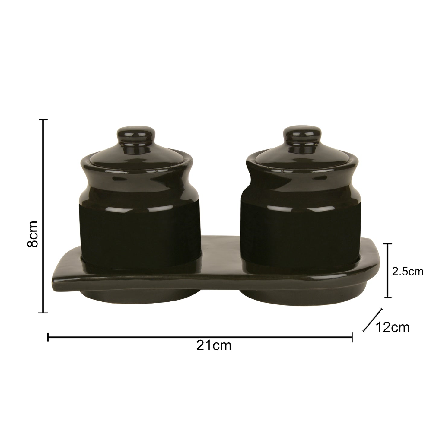 Hand Glazed Ceramic Pickle Serving Jar Set with Tray (Set of 2, Black , 200 ml each) - View 2