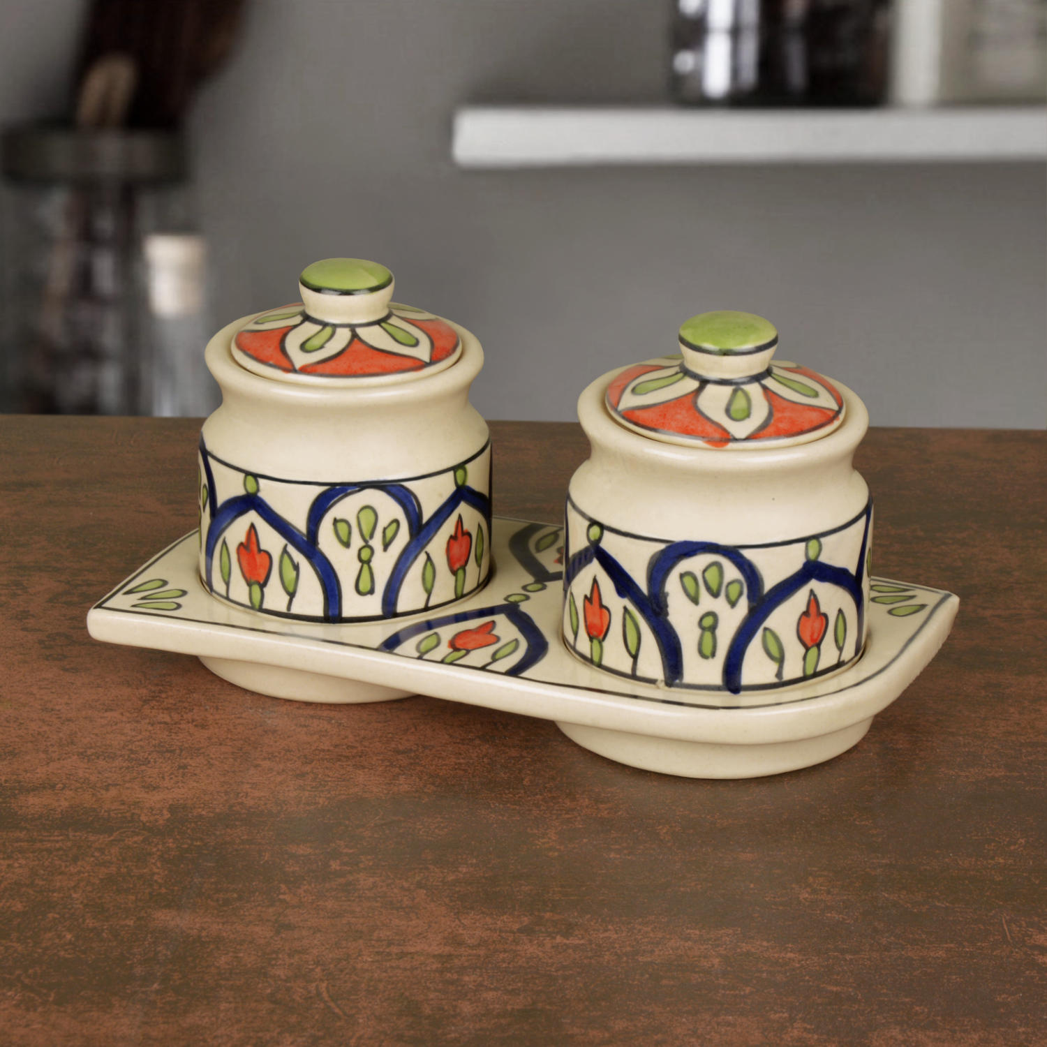 Hand Painted Ceramic Pickle Serving Jar Set with Tray (Set of 2,Multicolor , 200 ml each)