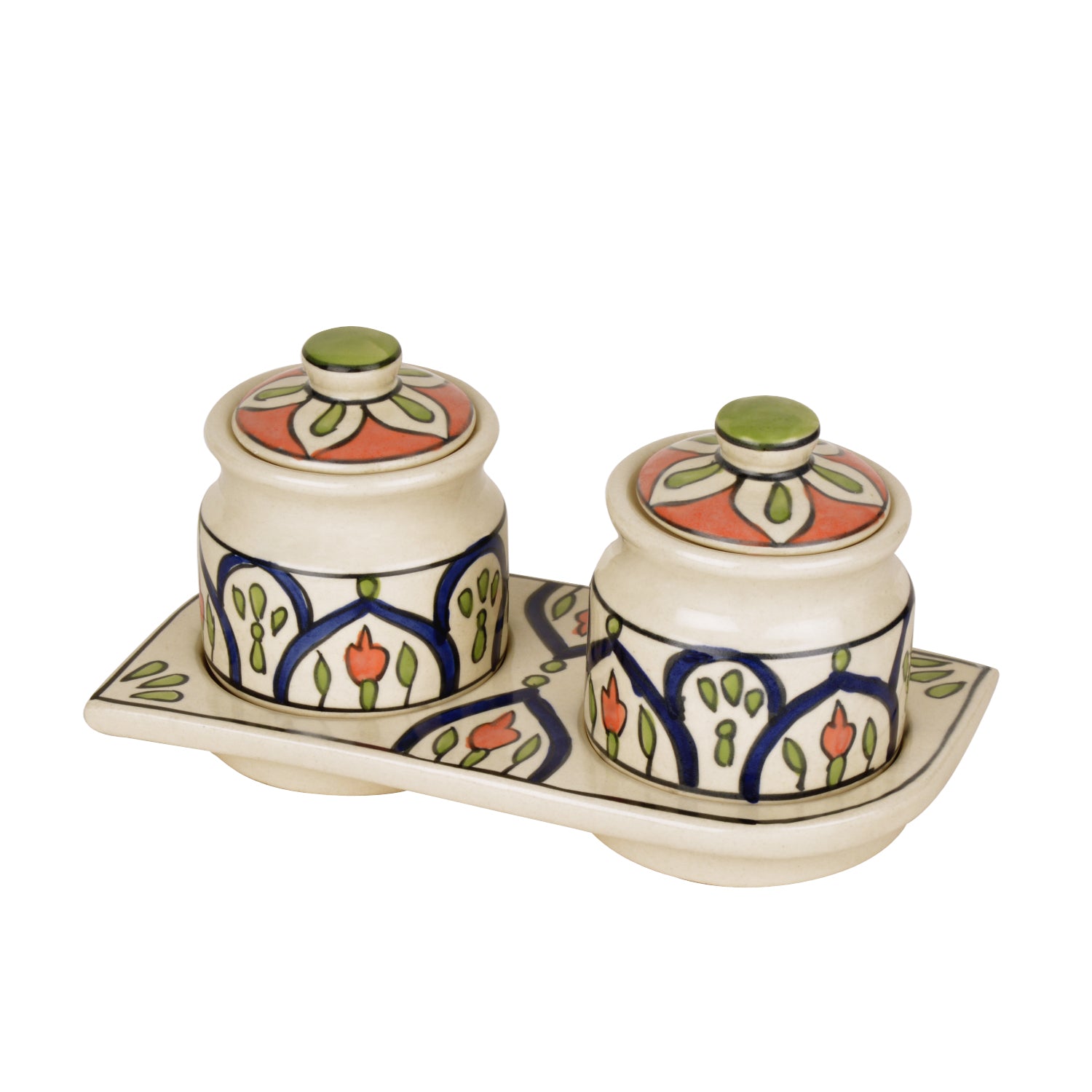 Hand Painted Ceramic Pickle Serving Jar Set with Tray (Set of 2,Multicolor , 200 ml each) - View 3