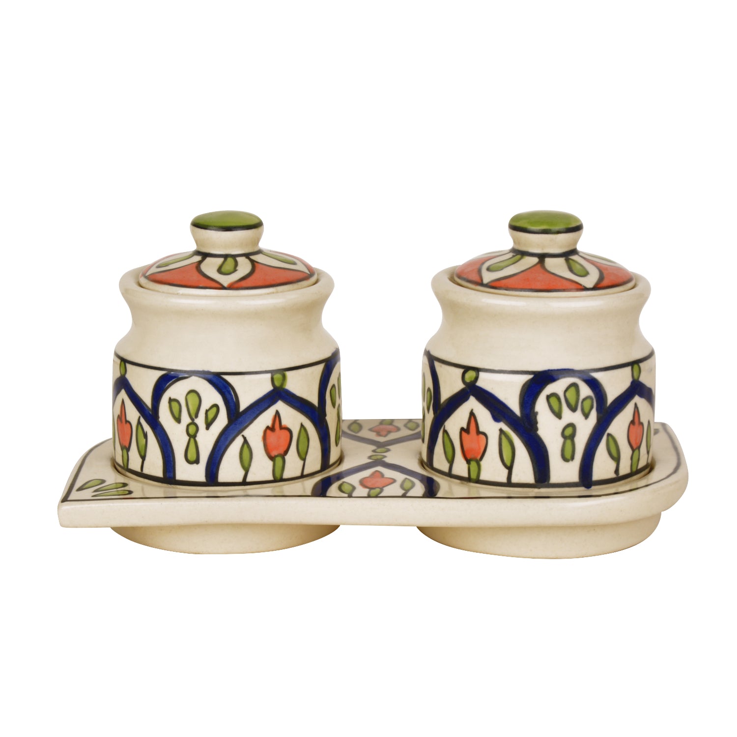 Hand Painted Ceramic Pickle Serving Jar Set with Tray (Set of 2,Multicolor , 200 ml each) - View 4