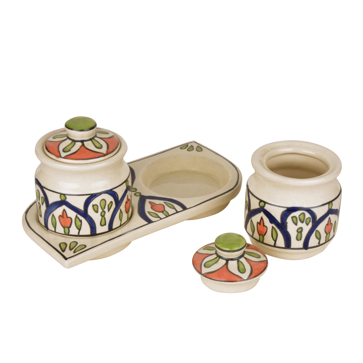 Hand Painted Ceramic Pickle Serving Jar Set with Tray (Set of 2,Multicolor , 200 ml each) - View 5