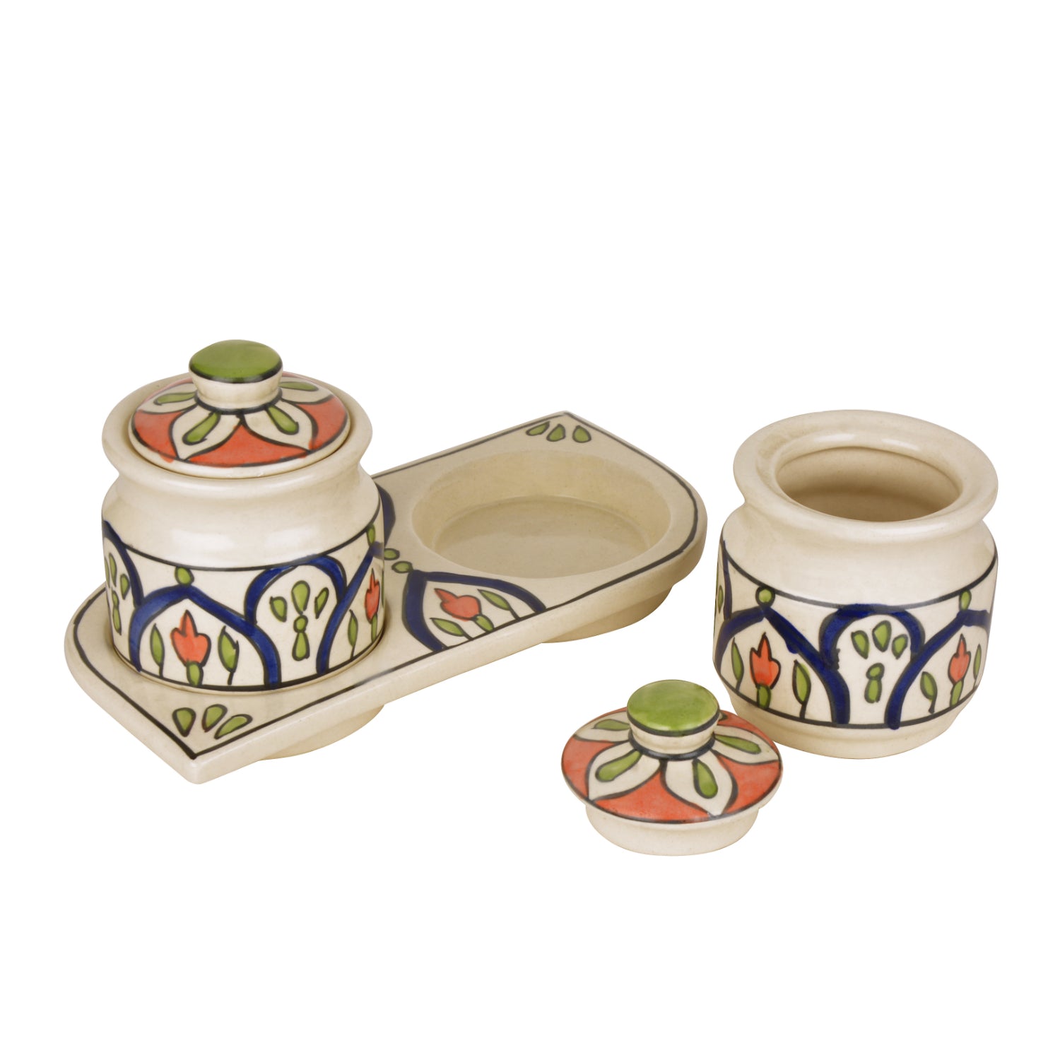 Hand Painted Ceramic Pickle Serving Jar Set with Tray (Set of 2,Multicolor , 200 ml each) - View 5