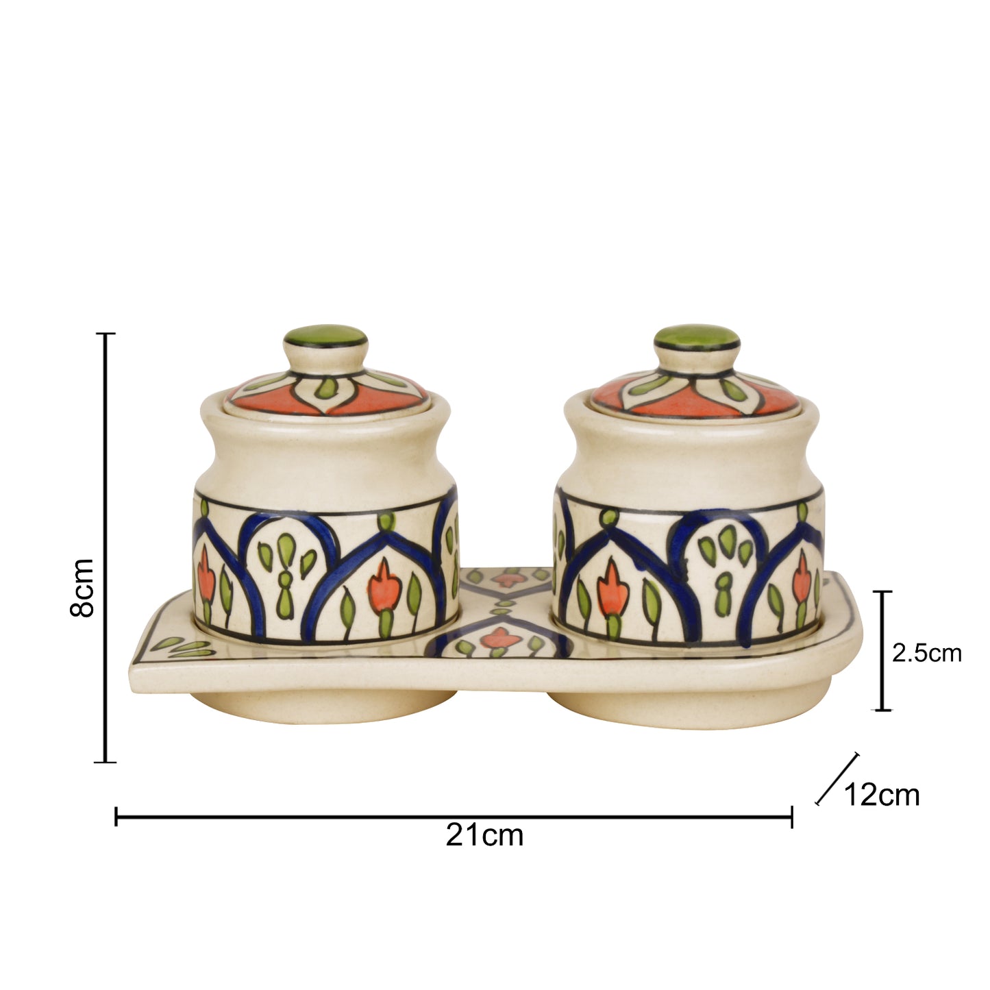 Hand Painted Ceramic Pickle Serving Jar Set with Tray (Set of 2,Multicolor , 200 ml each) - View 2
