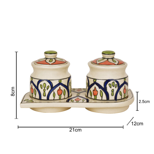 Hand Painted Ceramic Pickle Serving Jar Set with Tray (Set of 2,Multicolor , 200 ml each) - View 2