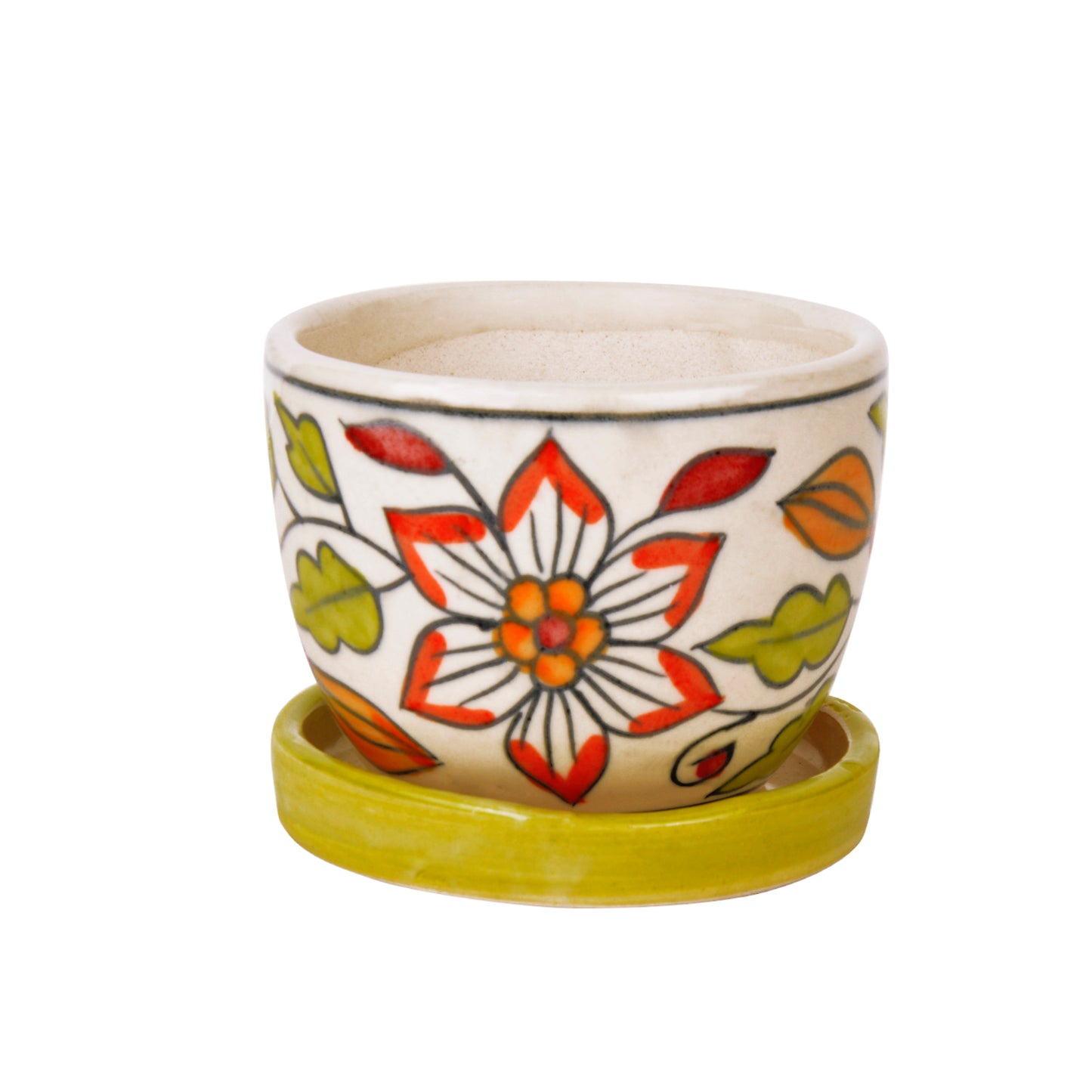 Hand Painted Ceramic Planter Pot with Tray (White and Green, Diameter - 9 cm, Height - 7 cm) - View 3