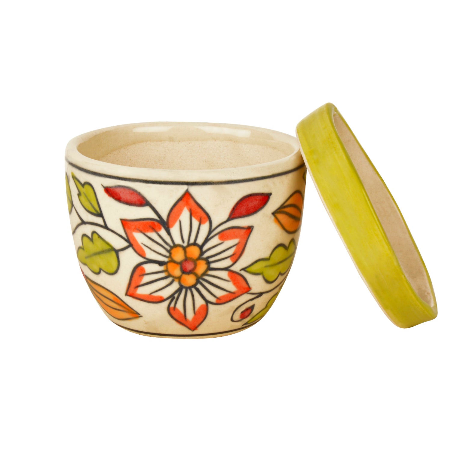 Hand Painted Ceramic Planter Pot with Tray (White and Green, Diameter - 9 cm, Height - 7 cm) - View 4