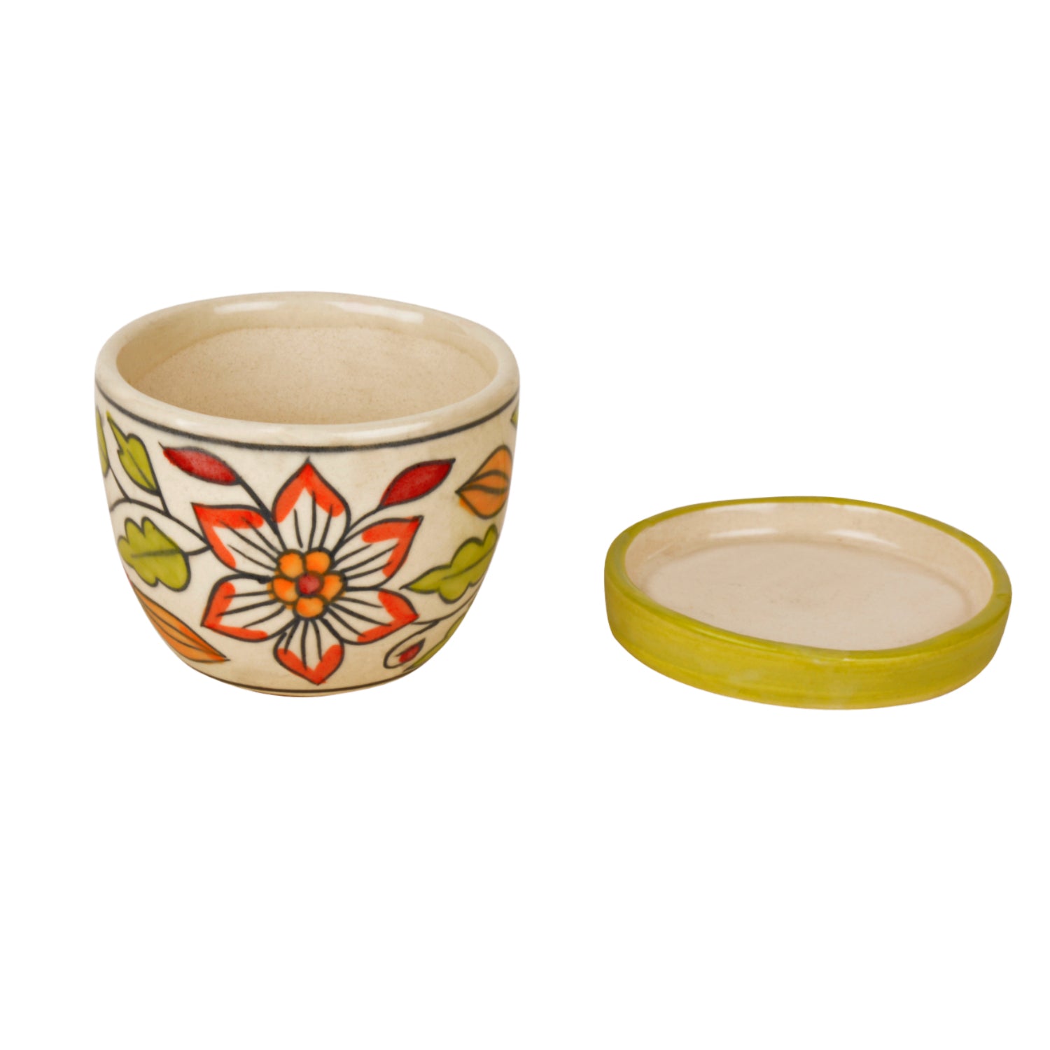Hand Painted Ceramic Planter Pot with Tray (White and Green, Diameter - 9 cm, Height - 7 cm) - View 5