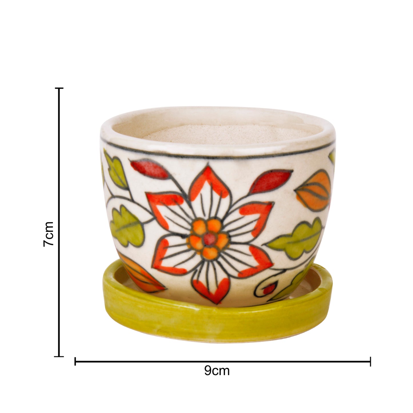 Hand Painted Ceramic Planter Pot with Tray (White and Green, Diameter - 9 cm, Height - 7 cm) - View 2