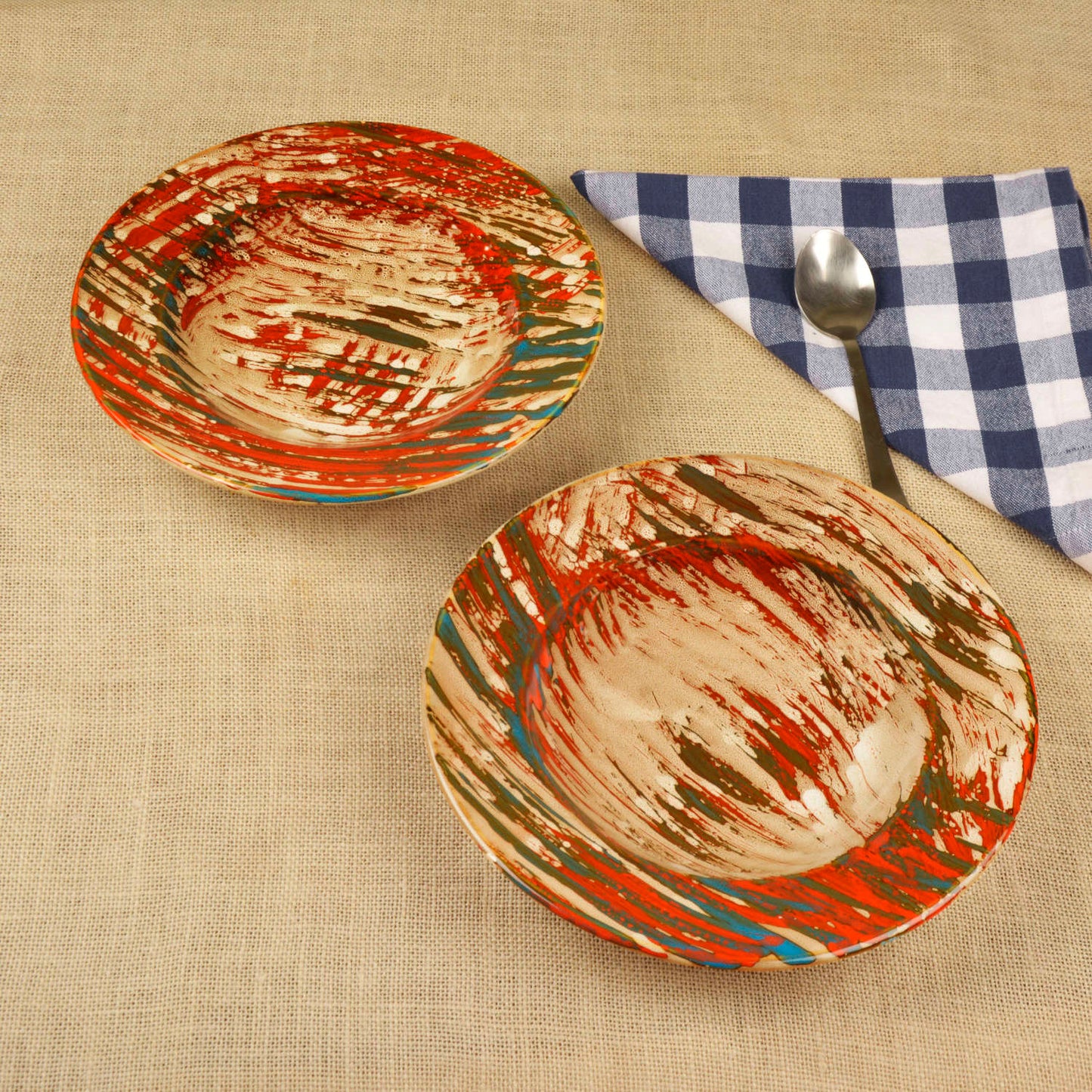 Hand Brush Stroke Ceramic Pasta Serving Plates (9 inches , Set of 2, Multicolor)