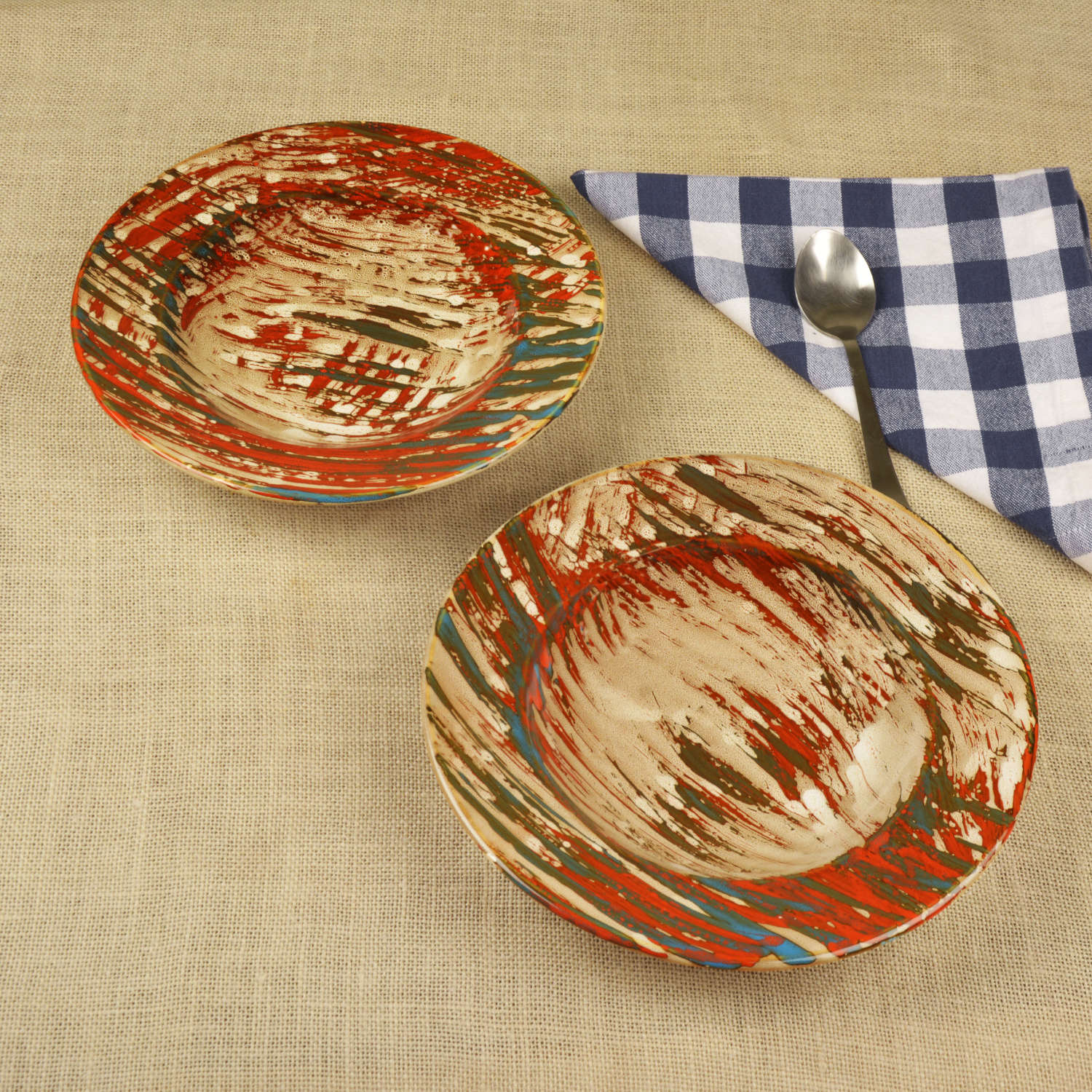 Hand Brush Stroke Ceramic Pasta Serving Plates (9 inches , Set of 2, Multicolor)