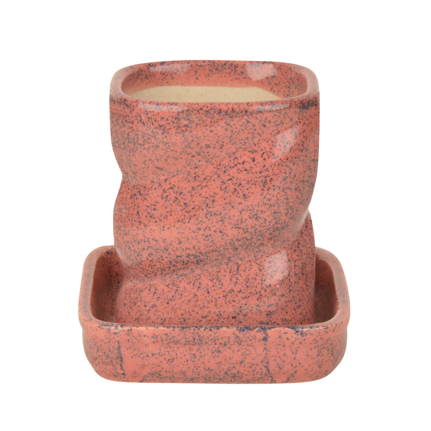 Hand Painted Ceramic Planter Pot with Tray (Peach and Blue, Diameter - 8 cm, Height - 10 cm) - View 5