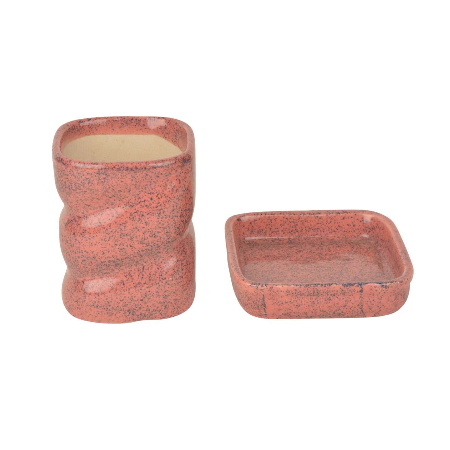 Hand Painted Ceramic Planter Pot with Tray (Peach and Blue, Diameter - 8 cm, Height - 10 cm) - View 3