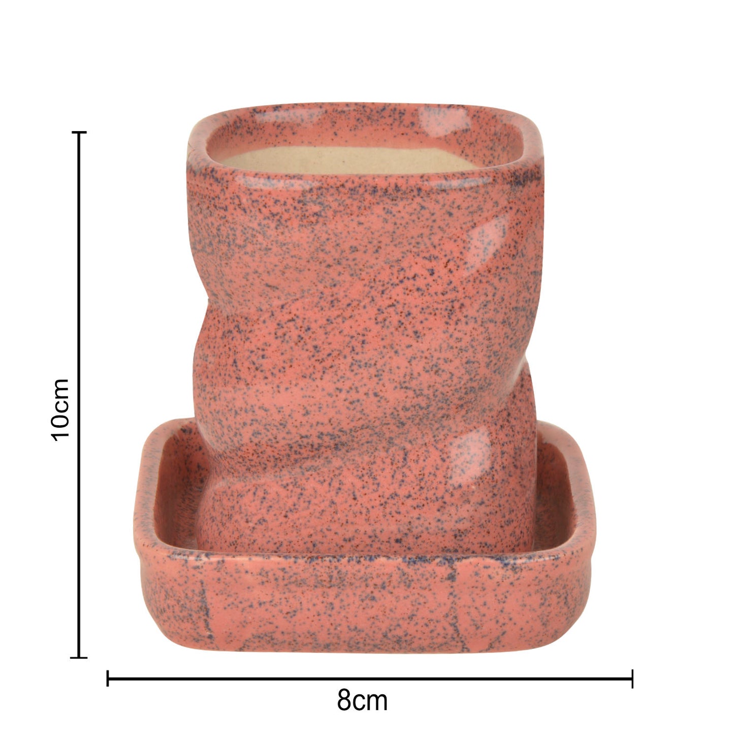 Hand Painted Ceramic Planter Pot with Tray (Peach and Blue, Diameter - 8 cm, Height - 10 cm) - View 2