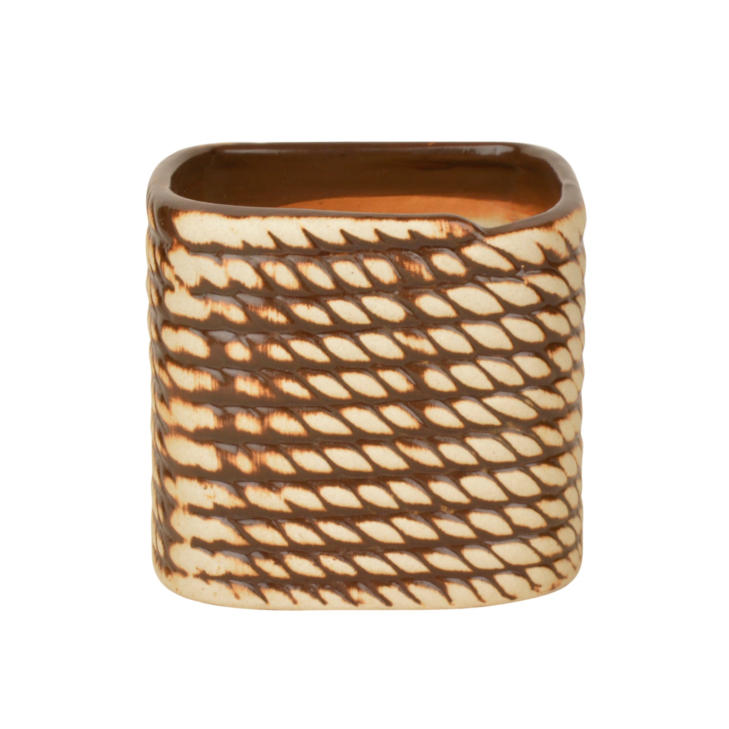 Hand Painted Ceramic Planter Pot (Beige and Brown, Diameter - 10 cm, Height - 10 cm) - View 5