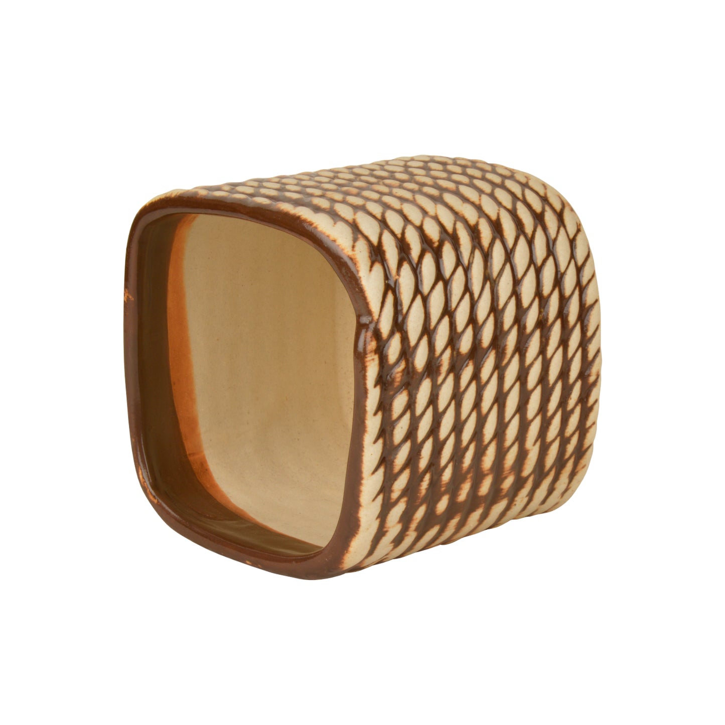 Hand Painted Ceramic Planter Pot (Beige and Brown, Diameter - 10 cm, Height - 10 cm) - View 4