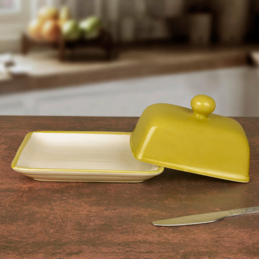 Glazed Ceramic Butter Dish with Lid (Lime Green, Height - 8 cm)
