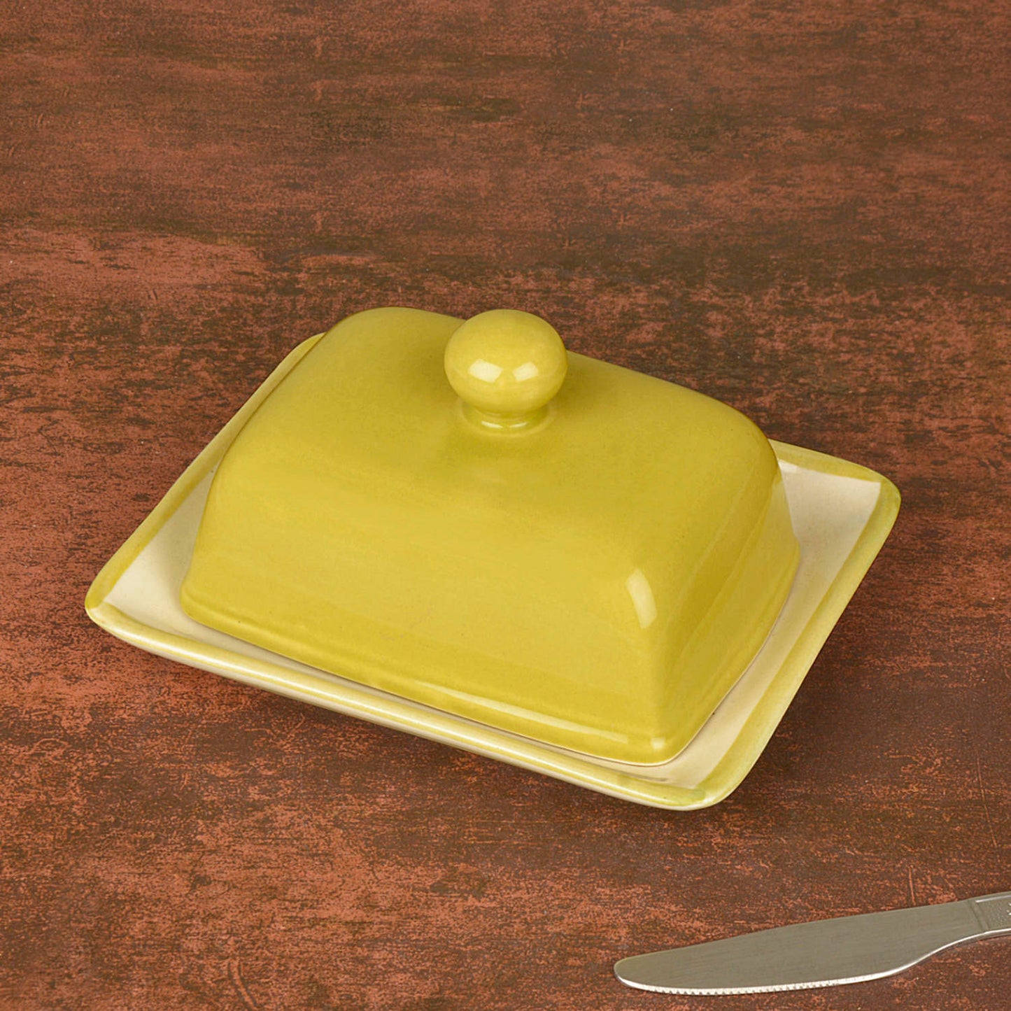 Glazed Ceramic Butter Dish with Lid (Lime Green, Height - 8 cm) - View 2