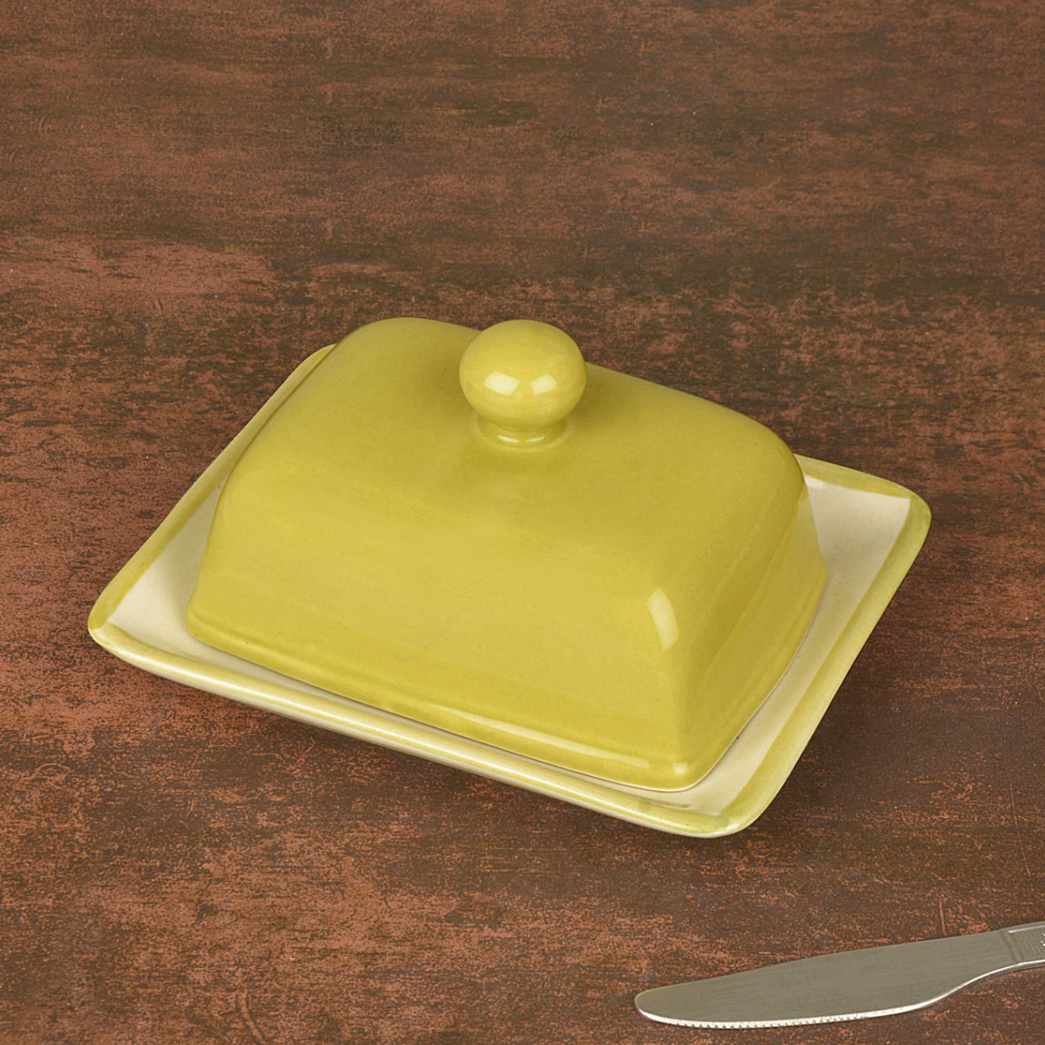 Glazed Ceramic Butter Dish with Lid (Lime Green, Height - 8 cm) - View 2