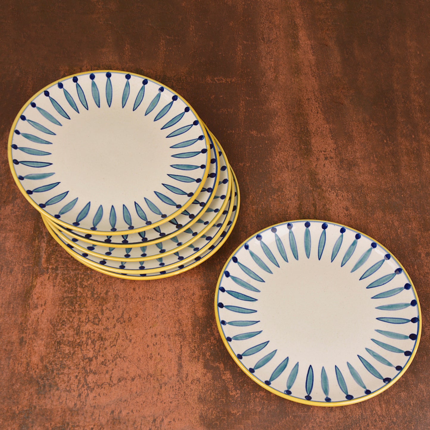 " Kyoto Collection " Handpainted Ceramic Dinner Serving Plates (Set of 6, White and Blue, 10 inches)