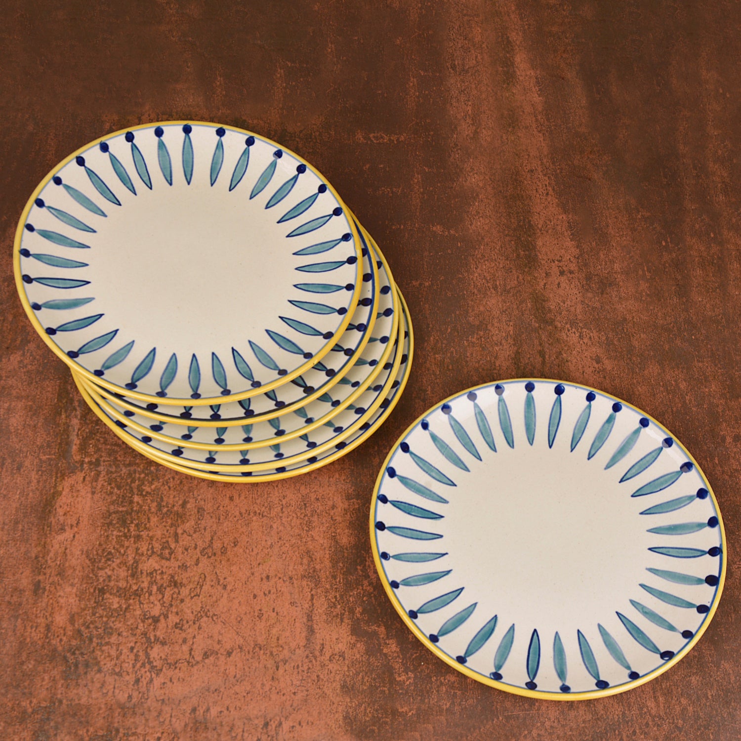 " Kyoto Collection " Handpainted Ceramic Dinner Serving Plates (Set of 6, White and Blue, 10 inches)