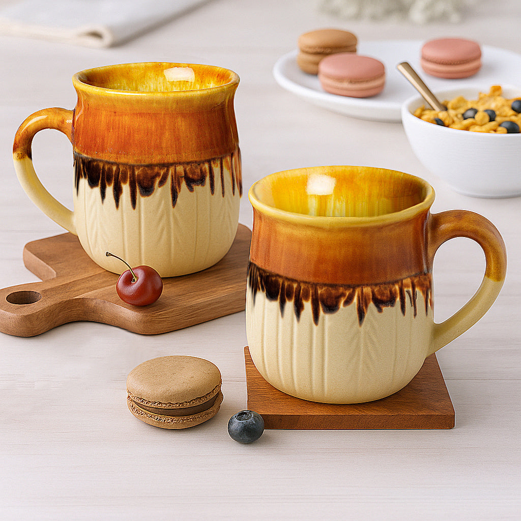 Handpainted Ceramic Coffee Mugs (Set of 2, Beige and Brown, 300 ml each)
