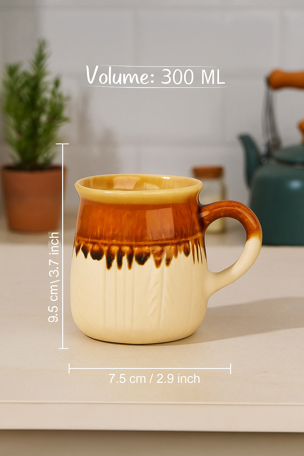 Handpainted Ceramic Coffee Mugs (Set of 2, Beige and Brown, 300 ml each) - View 4