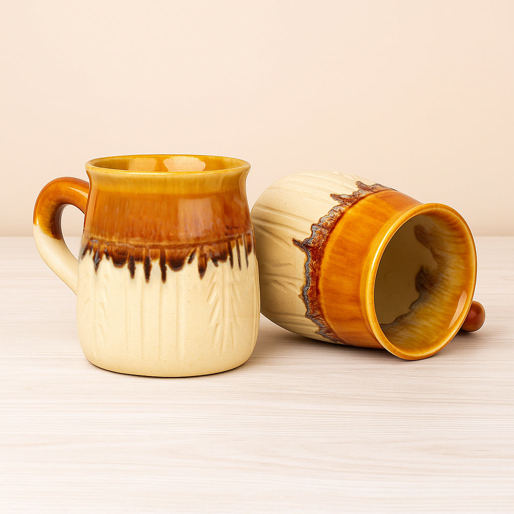 Handpainted Ceramic Coffee Mugs (Set of 2, Beige and Brown, 300 ml each) - View 5