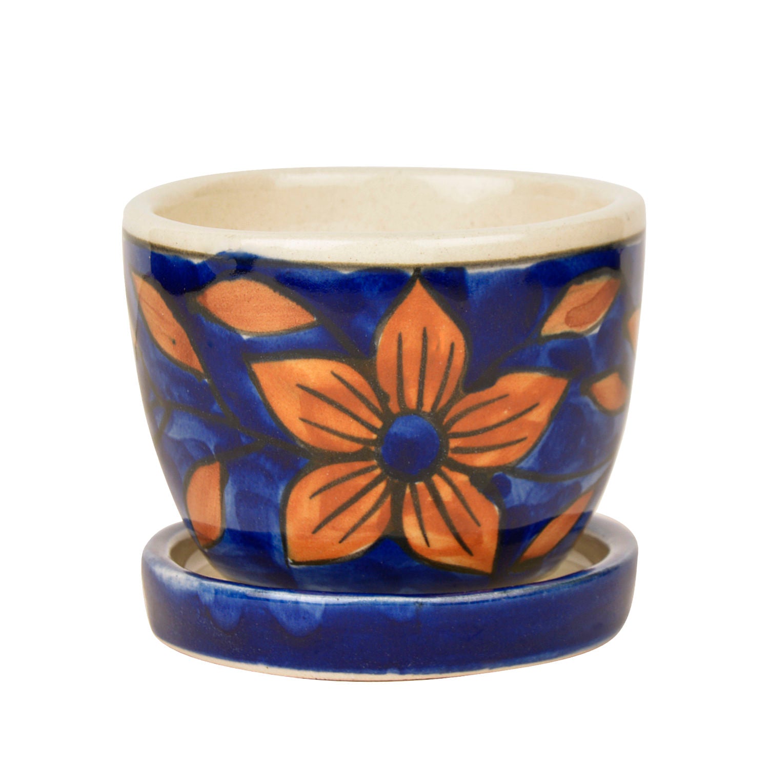 Hand Painted Ceramic Planter Pot with Tray (Blue and Brown, Diameter - 9 cm, Height - 7 cm) - View 5