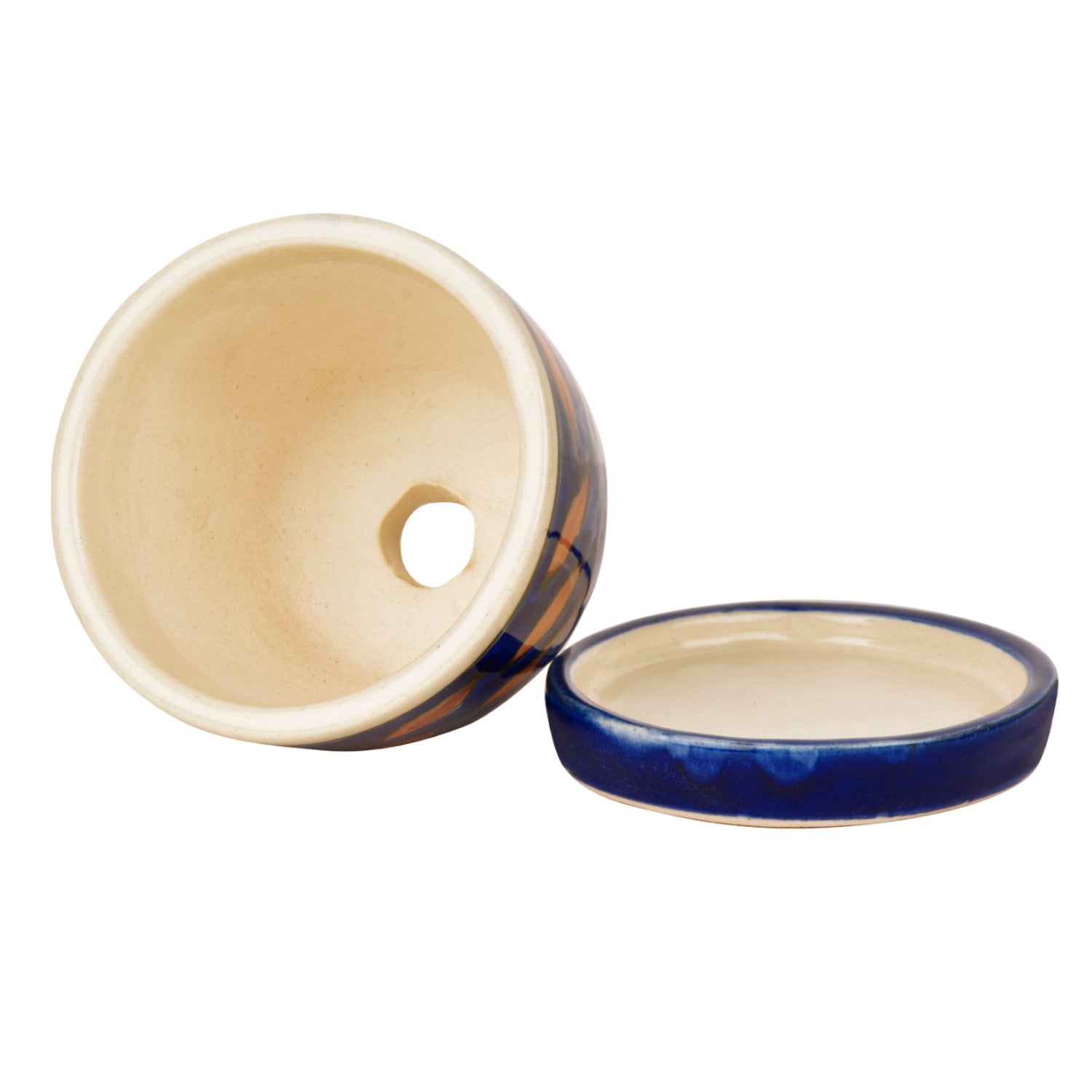 Hand Painted Ceramic Planter Pot with Tray (Blue and Brown, Diameter - 9 cm, Height - 7 cm) - View 3
