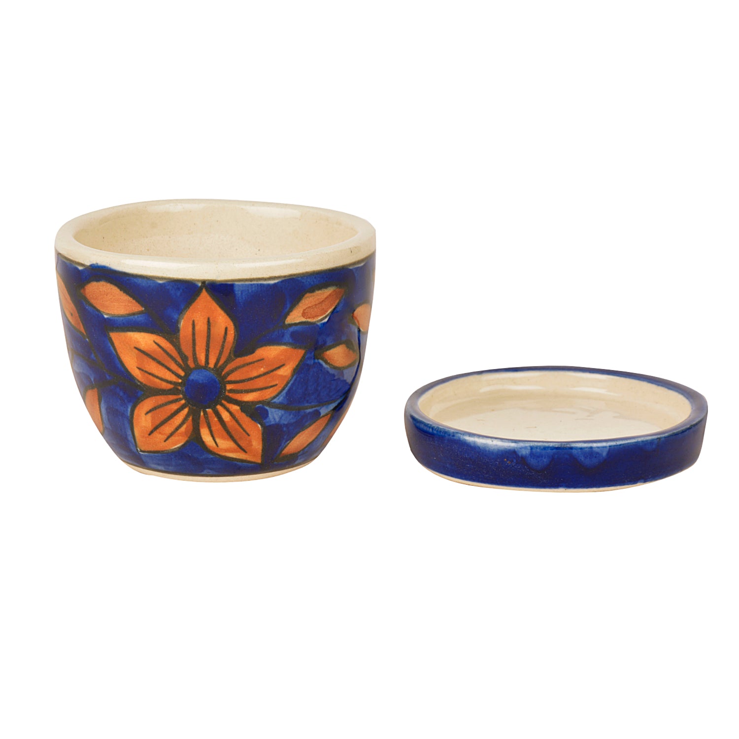Hand Painted Ceramic Planter Pot with Tray (Blue and Brown, Diameter - 9 cm, Height - 7 cm) - View 4