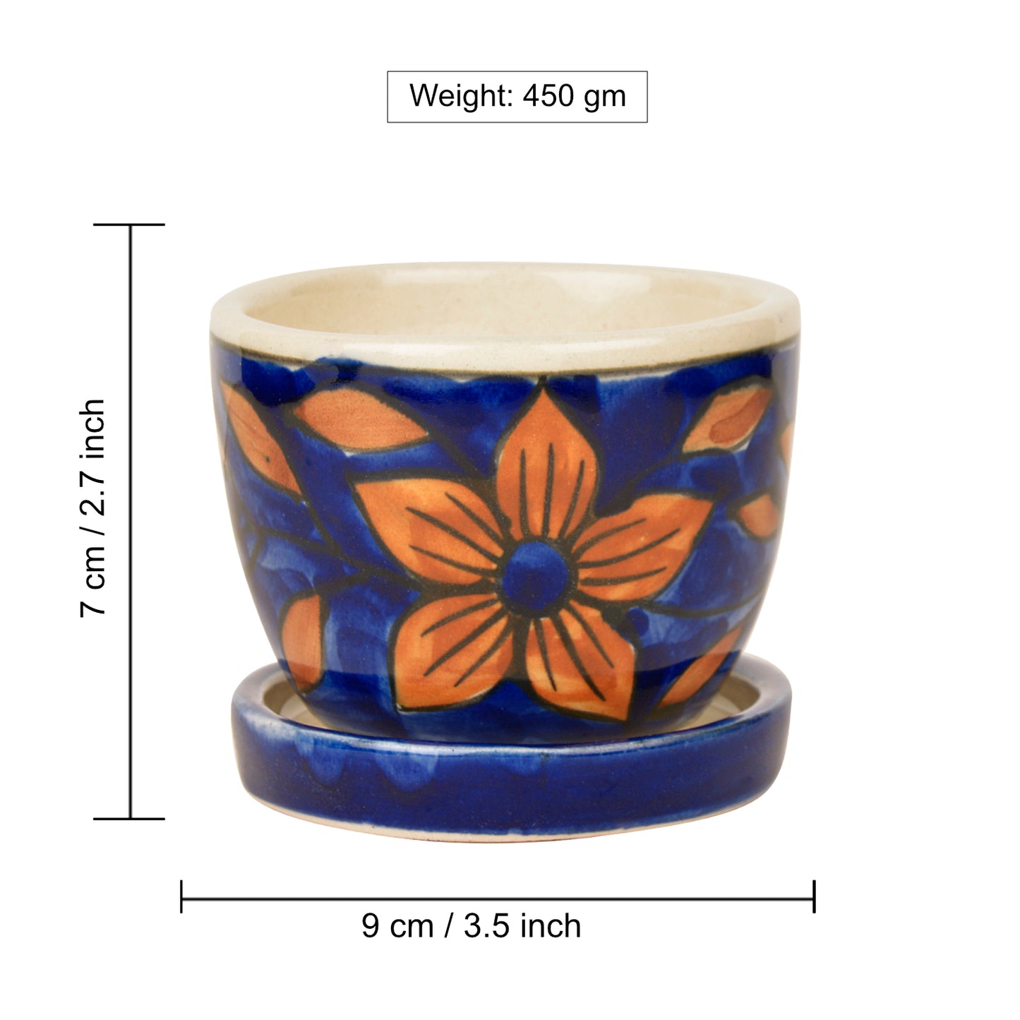Hand Painted Ceramic Planter Pot with Tray (Blue and Brown, Diameter - 9 cm, Height - 7 cm) - View 2