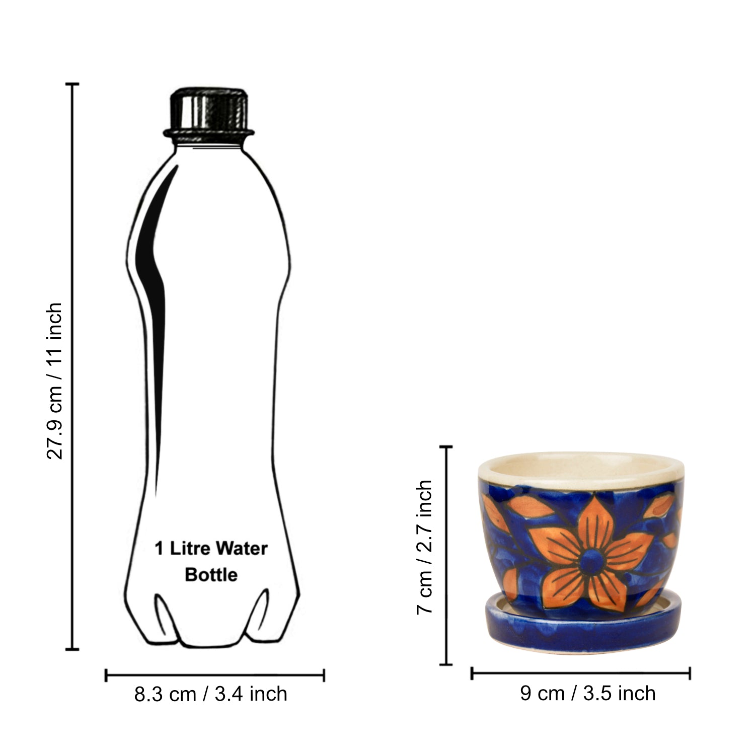 Hand Painted Ceramic Planter Pot with Tray (Blue and Brown, Diameter - 9 cm, Height - 7 cm) - View 6