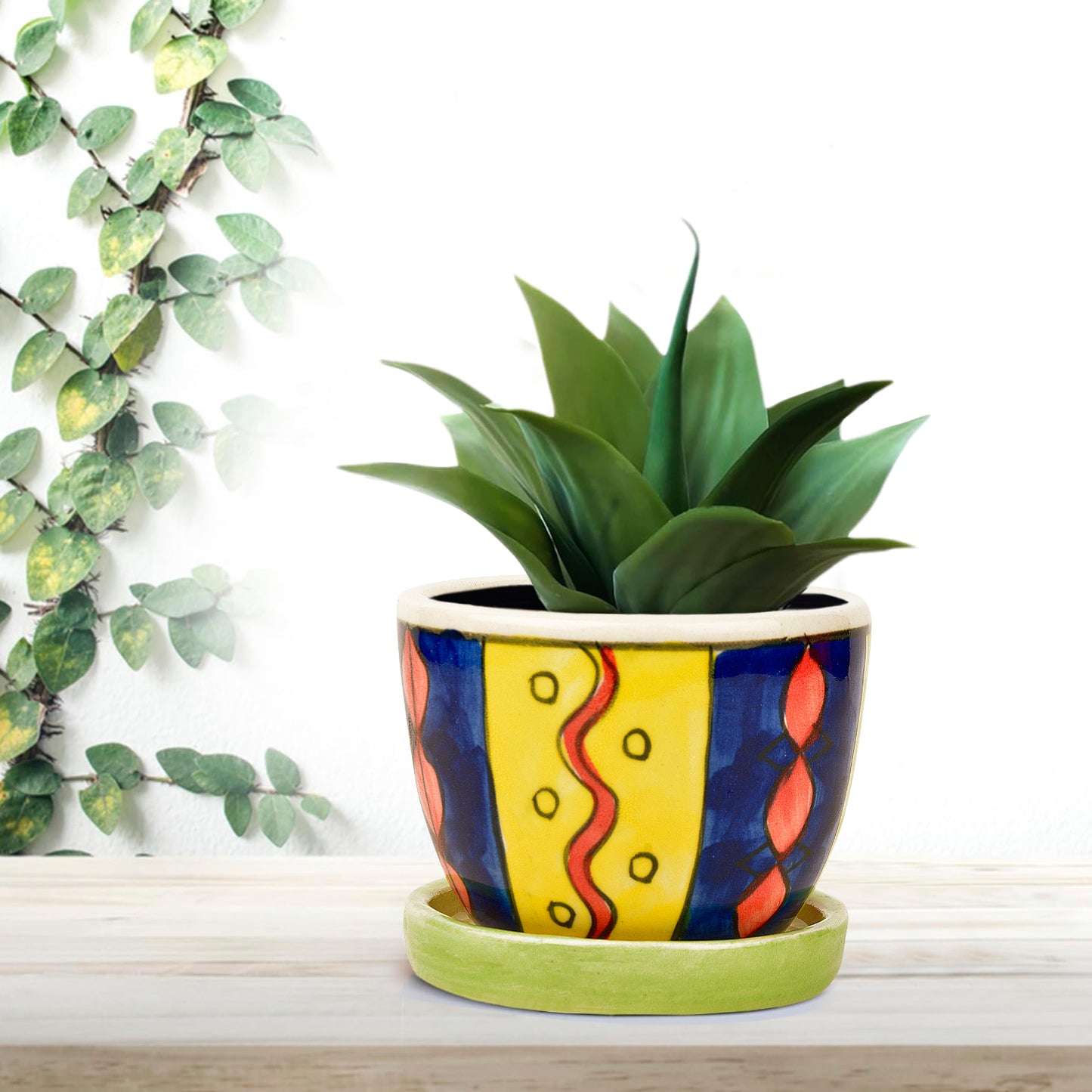 Hand Painted Ceramic Planter Pot with Tray (Multicolor, Diameter - 9 cm, Height - 7 cm)