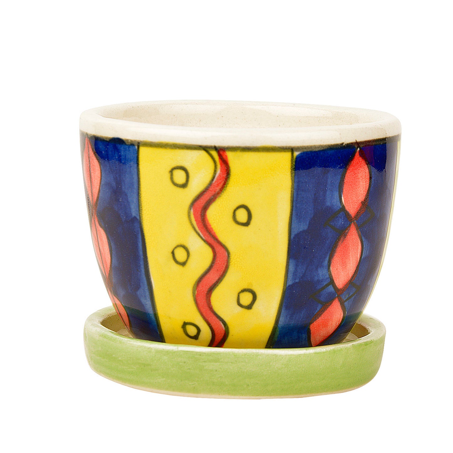 Hand Painted Ceramic Planter Pot with Tray (Multicolor, Diameter - 9 cm, Height - 7 cm) - View 3