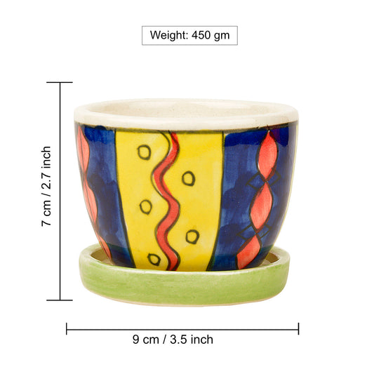 Hand Painted Ceramic Planter Pot with Tray (Multicolor, Diameter - 9 cm, Height - 7 cm) - View 2