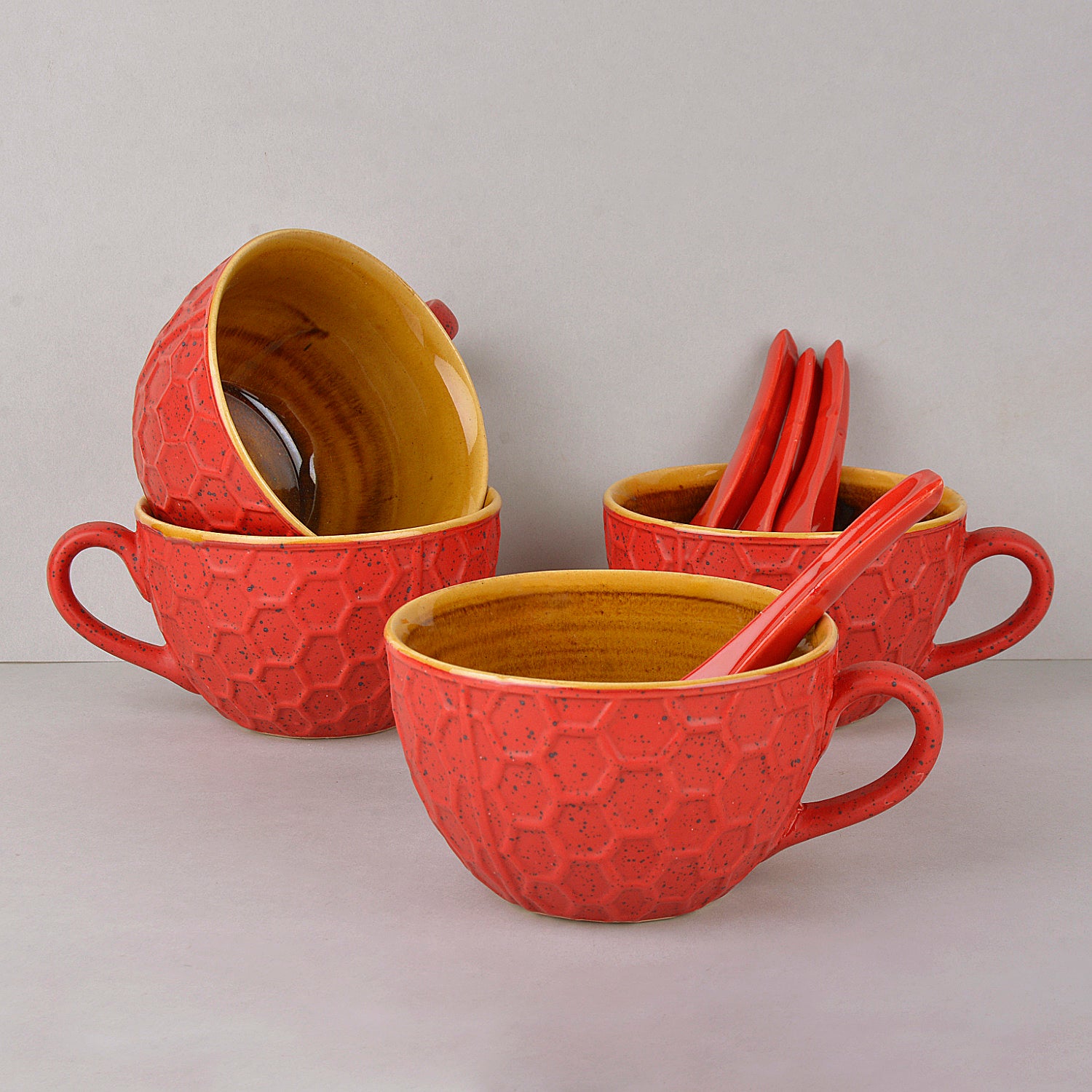 Studio Pottery Ceramic Soup Cups with Spoons (Set of 4, Red and Yellow, 310 ml)