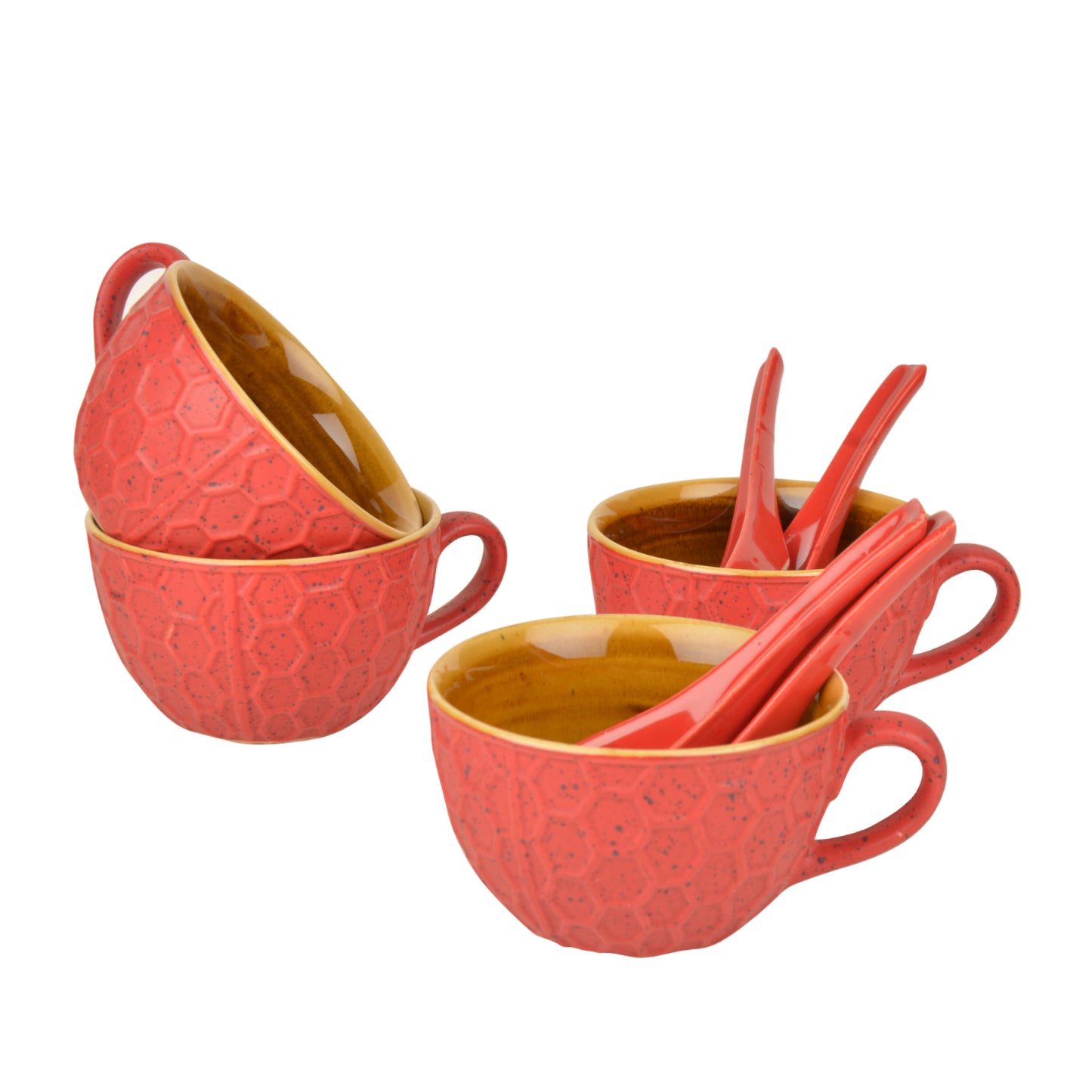 Studio Pottery Ceramic Soup Cups with Spoons (Set of 4, Red and Yellow, 310 ml) - View 3
