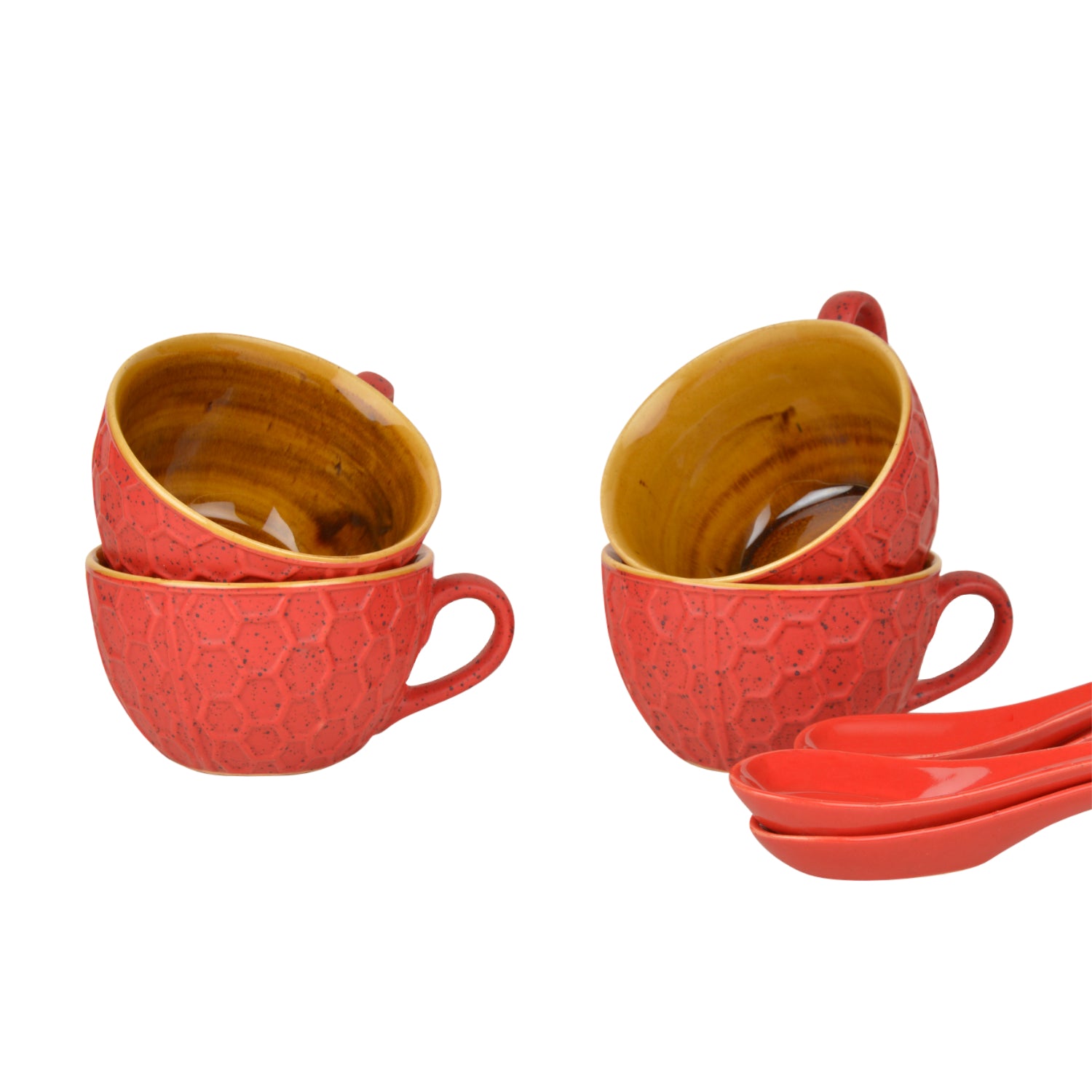 Studio Pottery Ceramic Soup Cups with Spoons (Set of 4, Red and Yellow, 310 ml) - View 4