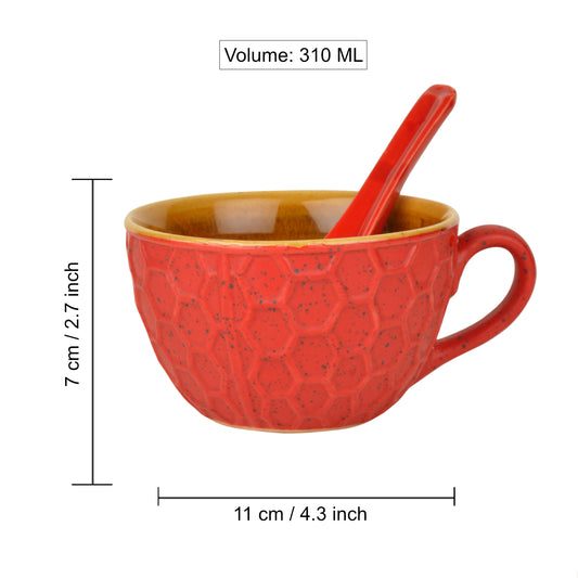Studio Pottery Ceramic Soup Cups with Spoons (Set of 4, Red and Yellow, 310 ml) - View 2