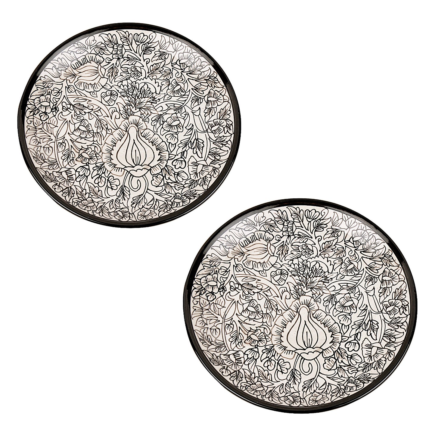 "Kalamkaari Collection" Handpainted Ceramic Dinner Serving Plates (Set of 2, Off White and Black, 25 cm) - View 4