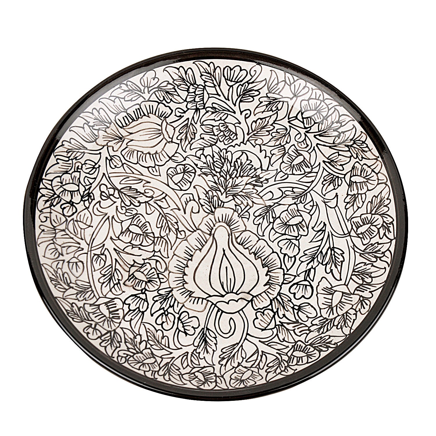 "Kalamkaari Collection" Handpainted Ceramic Dinner Serving Plates (Set of 2, Off White and Black, 25 cm) - View 5