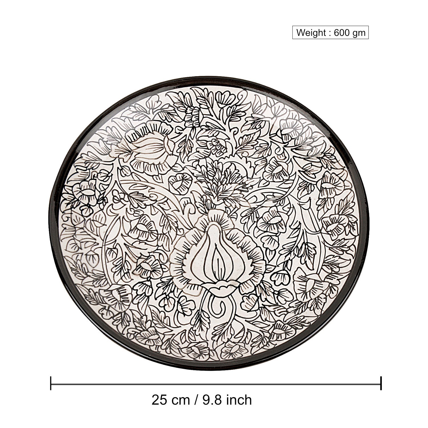 "Kalamkaari Collection" Handpainted Ceramic Dinner Serving Plates (Set of 2, Off White and Black, 25 cm) - View 2