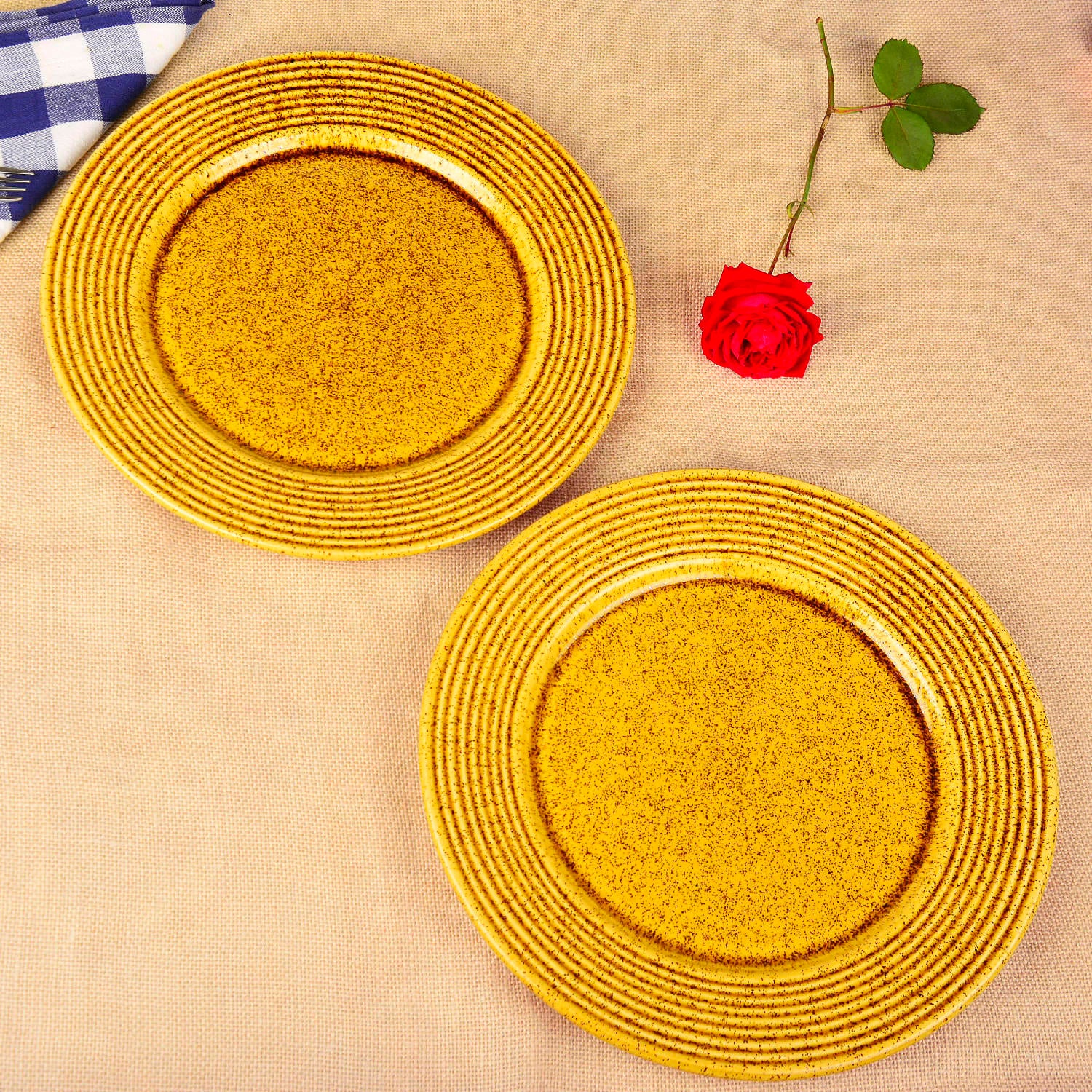 “California Spring Bloom” Studio Pottery Ceramic Dinner Serving Plates (Set of 2, Mustard Yellow , Diameter - 11 inches) - View 3